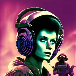 alien 1979, aliens 1986, above the sky, headphones on, VHS