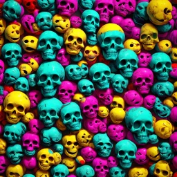 ANATOMICALLY CORRECT digital photograph of wall of multicolored SKULLs OF freshly skinned SMILEY FACEs with fine line, highly detailed, high resolution, 8k 3d, vray, horrorcore, vivid, btight