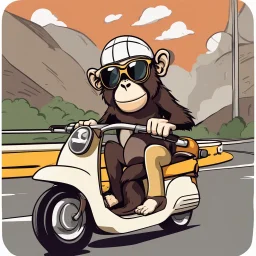 Monkey riding a scooter with sunglasses, cartoonize, dricing on a curve highway