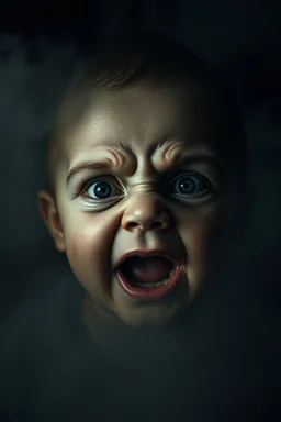 hyper realistic image of the most horrifying, creepiest baby face ever, with dark fog emanating, epic aesthetic, dark color grading, dark weather aesthetic, extremely terrifying, horror movie inspired, retro camera