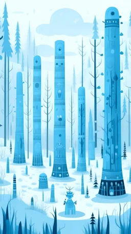 A light blue winter forest with falling snowflakes and Pacific Northwest totem poles