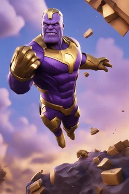 Create a picture of thanos falling from the skye to a pit animated like fortnite