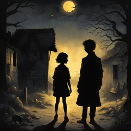 L'image de couverture du livre est un village désolé, plongé dans l'obscurité de la nuit. Au centre de l'image, un jeune homme excentrique et une petite fille se tiennent face à face, leurs regards chargés d'émotion, symbolisant le contraste entre la lumière et l'ombre. Au-dessus d'eux, la silhouette d'une broche en or brille faiblement, évoquant le mystère de la mort et les tragiques événements. Tim Burton