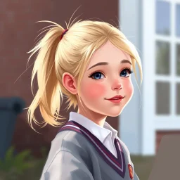 a pretty girl, age 8, blonde hair in a pony tail, playing outside, school jumper, digital painting, stylised
