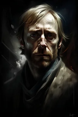 Portrait of Rhys Ifans, by Dino Valls, by Russ mills, dramatic, background is an elusive drug hallucination, spotlight effect, concept art