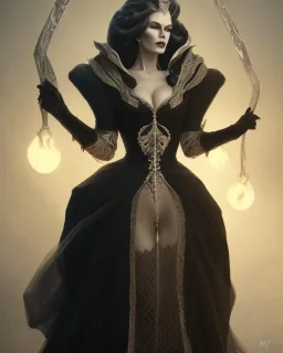 old evil queen in black leather gown, femme fatale, volouptous, busty, cleavage, angry, emperious, 8k resolution concept art portrait by Greg Rutkowski,