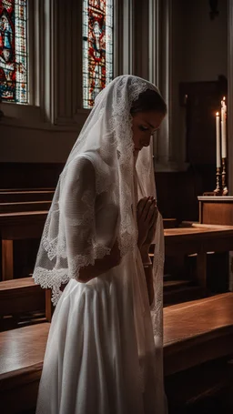 girl alone wearing lace veil with blood on it praying in church.cinematic.