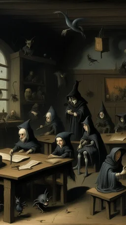 Bosch painting style nightmare, a dark children class room all children’s sitting on the desks are ghosts creatures, the teacher is a hooded creature in front of the blackboard