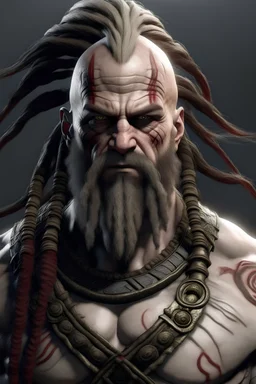 A white human with dreadlocks that is huge and has the same physique as kratos