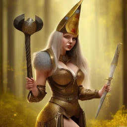 portrait cute female gladiator in gown and witch hat, in blurry golden forest