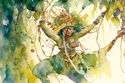 a lush jungle, a woman dressed in embroidered folk costume with a beaded bonnet on her head holding on to a vine with one hand while swinging across and reaching for the next vine with the other, dynamic movement, sunshine, watercolor and ink, oil on canvas