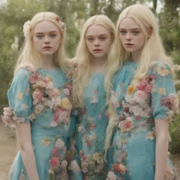 Elle fanning and dakota fanning as flowers, turquoise, jean.