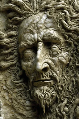 sculpture of a man face with curly hair decayed and rotting with grotesque proportions and imagery. abstract grotesqueries, detailed texture, surreal , biomechanical design, by hr giger and beksinski