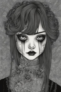 create a disturbing horror portrait of a dark haired, savage, gothpunk vampire girl with highly detailed , sharply defined hair and facial features, in a dark, otherworldly London in the style of Junji Ito, precisely drawn, inked, with dramatic edges,