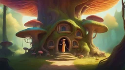 A slender, witchy woman in a flowing, colourful, wispy dress, holding a long, twisted staff, standing outside a gnarly, ancient, large mushroom house built into a tree, surrounded by lush, vibrant, Pandora-like woodland, on a bright, sunny day, with warm, golden light.
