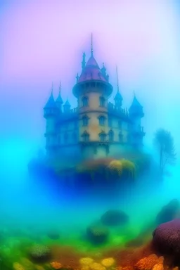 Istana yang tertutup kabut warna warni di bawah laut