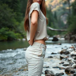 very beautiful lady with pant and blouse looking to camera,upper body close up in beautiful nature with river with clean water and floor with nice rocks