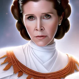 stunning half-body-portrait photo of princess leia from Star Wars played by Carrie Fisher, wlop, artgerm, akihiko yoshida, and liang xing, detailed face, doe eyes, intricate hair style, symmetrical eyes, trending on artstation, highly detailed, white dress, dynamic pose, intricate outfit, space ship and galaxy background