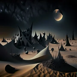 Photograph of nonsense shapes scattered over an arid wasteland, very spooky, night, intricate, Yves Tanguy, thoughtful, interesting, a bit appalling, smooth