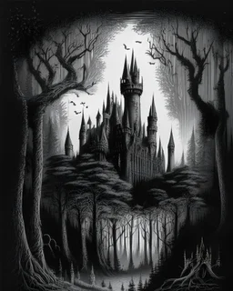 a drawing of a castle is shown with trees surrounding it, in the style of dark and gritty cityscapes, gothic futurism, passage, intricately sculpted, frottage, highly detailed, yankeecore