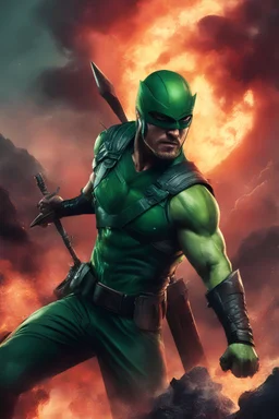 Green Arrow, Strong, athletic physique, action poses, battle scars, blood, foggy, cloudy background, multicolored lightning, flowing lava, Full Eclipse, aliens, explosions, bright, vibrant, extremely colorful, detailed, blood red skies