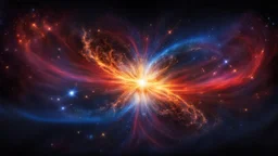 photo from An awe-inspiring, ultra-high-definition 3D render depicting the Big Bang explosion. The explosion's center is a swirling vortex of intense blue, red and yellow hues, radiating energetic particles. The deep space backdrop features celestial bodies and cosmic phenomena, providing a perfect contrast to the explosion. The image exudes a high-contrast, ultra-clear, and ultra-realistic quality that captures the essence of the cosmic event.