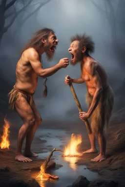 Create an image of two prehistoric human characters in an early Stone Age setting, surrounded by a dusky, misty environment suggestive of early morning. One character is bending over, inadvertently creating a stream of fire from their posterior, a humorous play on the discovery of fire. The other character, standing upright, is holding a primitive tool and laughing heartily at the scene. Both are wearing rough animal fur clothing. The scene is lighthearted, capturing a comedic moment between tw