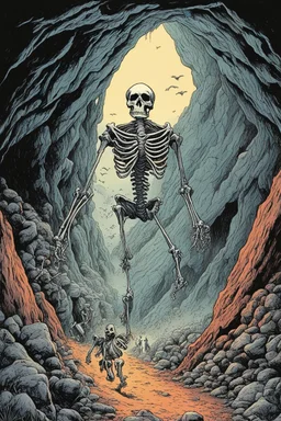 ,Digital illustration of horror genre comic book cover from the 1980s, giant larger than life skeleton picks up tiny humans as they try to run away from inside the cave, macabre, gorey, 1970 illustration art style, absurdist, conye.color pencils, ink, counter culture, dystopian, retro futuris. 90s riot girl look, punk aesthetics, collage, psychedelic, grime, textured, mixed media with a british pop culture influence, maximalism, feminist icon,