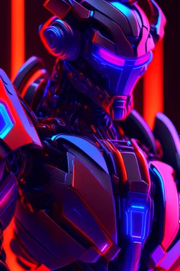 une atmosphère futuriste avec un robot en gros plan en 3d composant les couleurs rouge, orange, violet et bleu et un fond noir