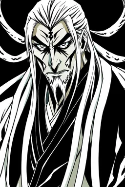 A manga-style portrait of a fierce male Shinigami from Bleach, tall and muscular, with wild silver-gray hair, steel-colored eyes, and a scar across his left brow and cheek. He wears a tattered captain's haori of the 11th Division, open kimono revealing a dragon claw tattoo on his chest, and metallic claws on his forearms. He smirks defiantly, standing in a dynamic pose with silver reiatsu swirling around him.