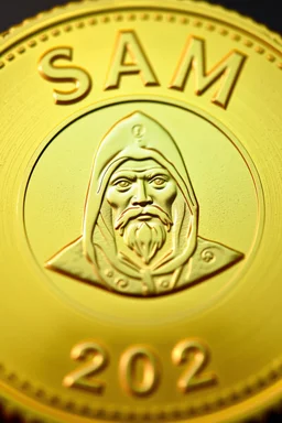 view of the word, Sam, Samarrrai , on a gold coin ,with picture of , hooded man head , 2024 ,in the middle of the coin.