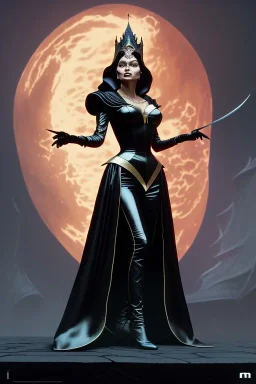 Sophia Loren as evil queen in black leather by Greg Rutkowski, Sung Choi, Mitchell Mohrhauser, Maciej Kuciara, Johnson Ting, Maxim Verehin, Peter Konig, 8k photorealistic, cinematic lighting, HD, high details, dramatic, atmosphereric, trending on artstation