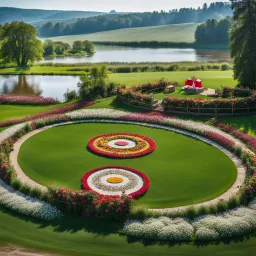 a round dance stage with decor mane in country side in center of picture ,green field ,flowers , small river,camera looking at horison