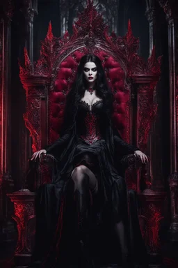 Photography Horror Art of The majestic Dark Vampire Queen,red eyes bright,sits on his throne, in darkness palace background , close-up portrait