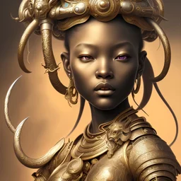 Sango fantasy, fantasy magic, intricate, sharp focus, illustration, highly detailed, digital painting, concept art, matte, art germ and Paul Lewin and Kehinde Wiley, masterpiece silver elephant head bronze Buddha Asian African girl nice breast Hawaiian hair turquoise golden waves