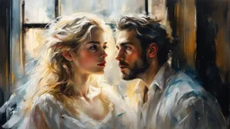 Portrait of a man and a stunningly beautiful blonde woman, made of tulle, window, detailed fabric painting, Candlelight Insanely detailed painting by Pino Daeni, Jeremy Mann, Carne_Griffiths, Vadim Kashin, James Gurney, thick paint strokes, texture, 16k resolution, fine art, natural light, beautiful