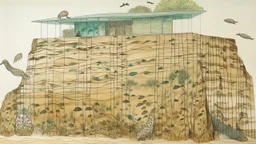 LARGE MINIMALIST GLASS BUILDING FULL OF CREATURES ON A CLIFF, Straw, Autumn, Aquatint, Marker drawing, Leopard pattern