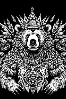 Wiccan Grizzly with palms up wearing a crown black and white