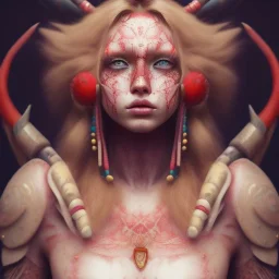 Barbarian anime character, animal hide armor, physically fit, tribal tattoos, scars, washboard abs, red facepaint, red hair, dark eyeshadow, intricate eyeliner, soft round eyes, beads in hair, 8k resolution, cinematic smooth, intricate details, vibrant colors, realistic details, masterpiece, oil on canvas, smokey background