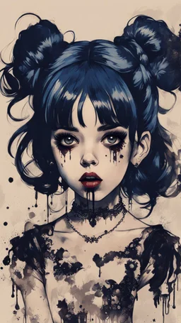 Poster in two gradually, a one side malevolent goth vampire girl face and other side the Singer Melanie Martinez face, full body, painting by Yoji Shinkawa, darkblue and sepia tones,