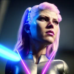 Actress, young Katheryn Winnick, android woman, glow eyes, glow circuits in face, glow painted face, shaved hair, ghost in the shell, samurai coat, katana, elastic bodysuit, cyber punk, neon ambient, sparks, fog, rain, army, bamboo, blood, portrait, gradient background, unreal engine 5, soft color, 16 bit, god lights, ray tracing, RTX, lumen lighting, ultra deatail, volumetric lighting, 3d, finely drawn, hd.