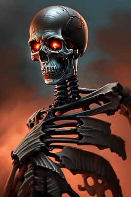 ultra high definition image of an attractive but scary looking skeleton, rising from the ashes, a war veteran, partially humanlike characteristics, army beret and ripped amo wear, very detailed, chaotic background, dramatic close-up action shot of him on a burned out war tanker with a torpedo on shoulder ready to fire and ammo ,gothic and dark theme, 12k