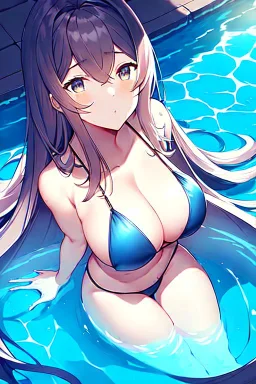 bikini long hair girl in termal pool