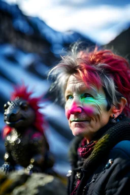 portrait Cyndi Lauper in the Alps on mountain top, with rock giant creature in the background,shot on Hasselblad h6d-400c, zeiss prime lens, bokeh like f/0.8, tilt-shift lens 8k, high detail, smooth render, down-light, unreal engine, prize winning