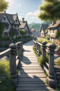 [Waterscape] Afternoon summer walking is in the village town, the main role is the gray wolf, standing on the bridge near the gardens, 8K resolution, high quality, ultra graphic, and detailed with lines.