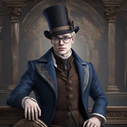 Hyper realistic human male with pale skin and wearing fantasy noble clothes, wearing a top hat with glasses. with short blonde hair and blue eyes,