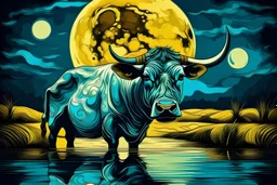 un toro con una luna en su cabeza que se refleja en la laguna al estilo van gogh