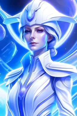 Femme galactique magnifique, commandante d'une flotte de vaisseaux, gardienne de la galaxie en combinaison blanche lumière détailes violets et bleux, au poste de commandement du vaisseau mère tout blanc très lumineux, faisseaux bleuté au dessus de sa tête