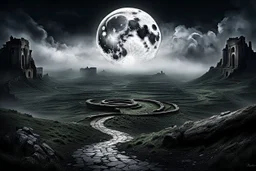 (BIG silver moon 1) perfect circe, over the dark , mystic land, white fog, dark colors, empty landscape, in the distance ruins, srtange, sinister , dark fantasy