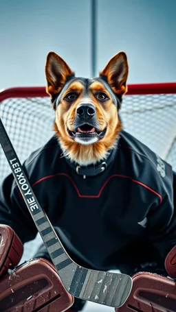 yorkton terriers hockey goalie in front of goal, with the head of a tarrier dog